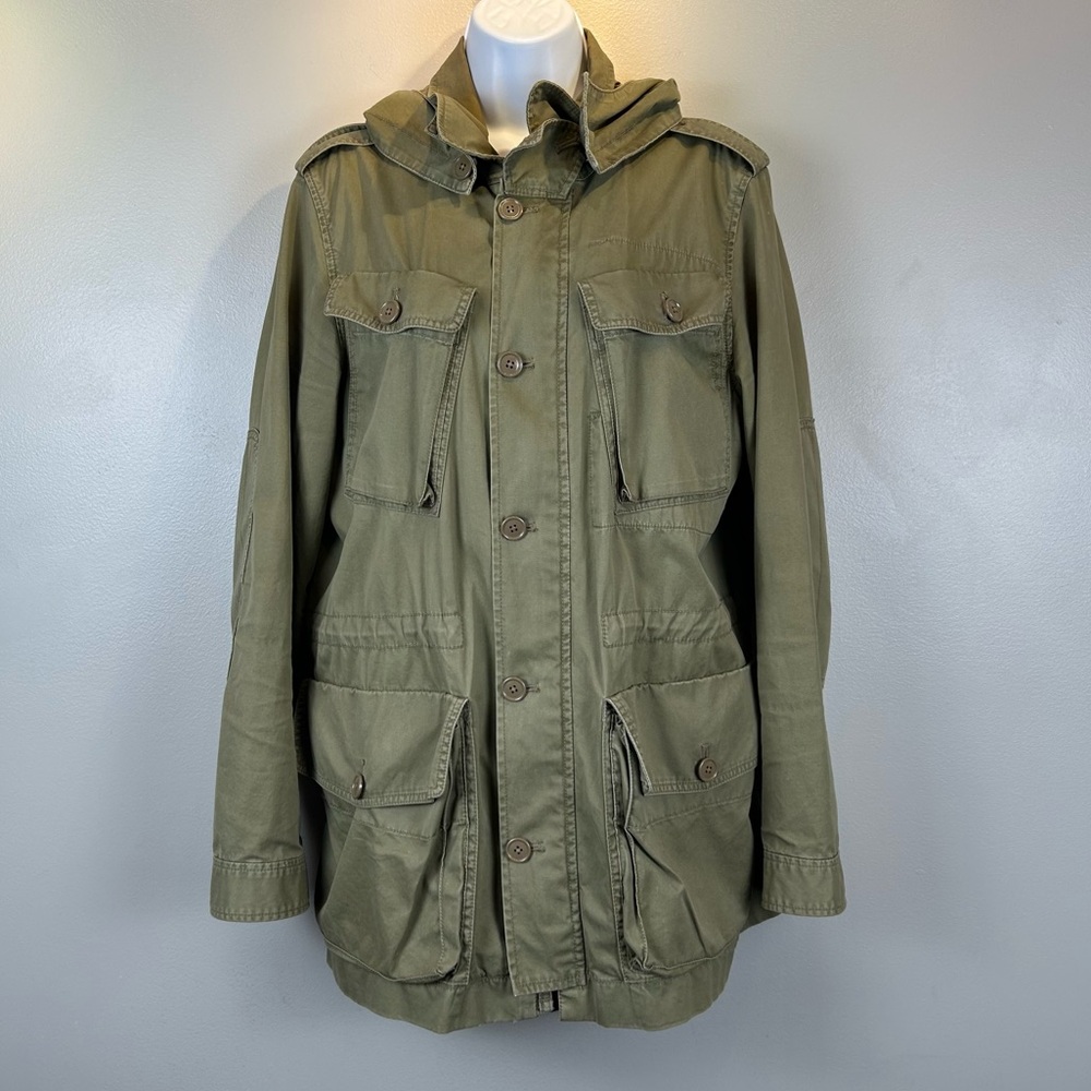 J Crew Field Jacket Womens L Olive Green Cotton Military Anorak Ripstop Hooded